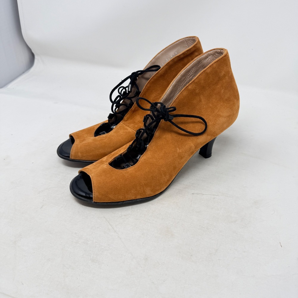 BeautiFeel Lace Up Peep Toe Suede Booties Tan 38 Ankle Boots Heel Witchy Artisan